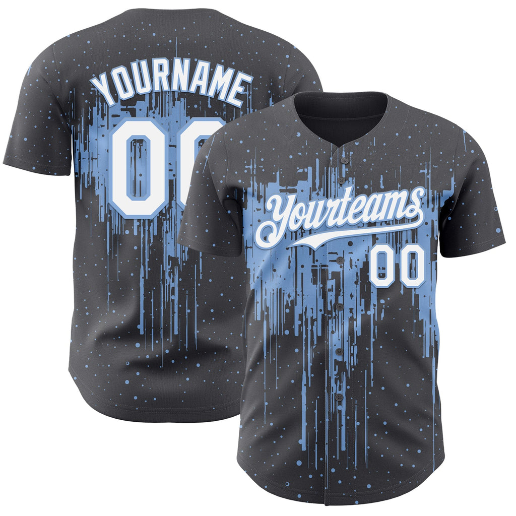 Custom Steel Gray White-Light Blue Dripping Splatter Paint Authentic Baseball Jersey
