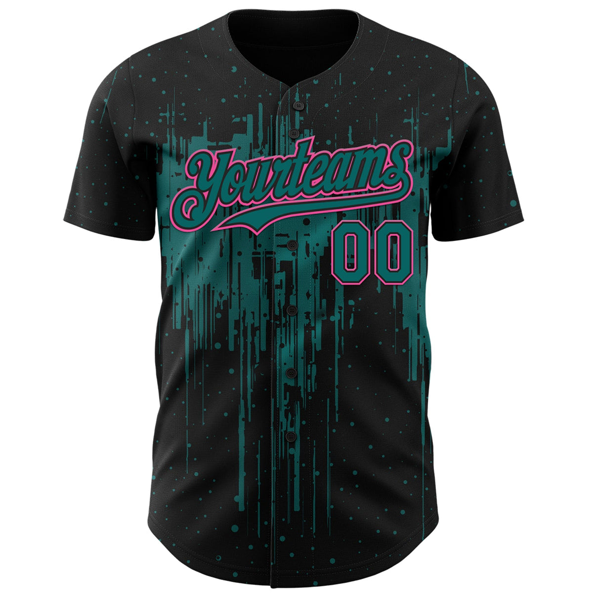Custom Black Teal-Pink Dripping Splatter Paint Authentic Baseball Jersey