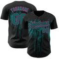 Custom Black Teal-Pink Dripping Splatter Paint Authentic Baseball Jersey