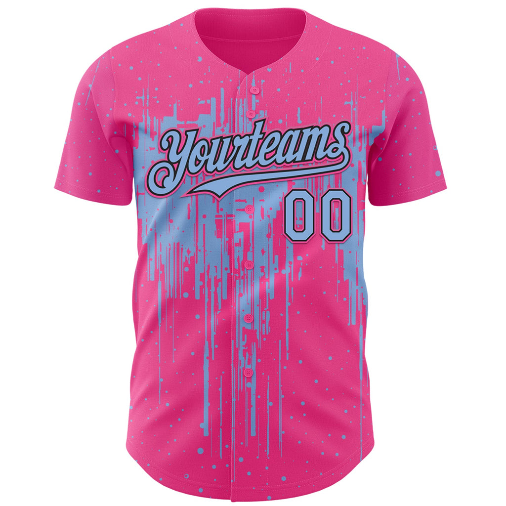 Custom Pink Light Blue-Black Dripping Splatter Paint Authentic Baseball Jersey