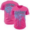 Custom Pink Light Blue-Black Dripping Splatter Paint Authentic Baseball Jersey