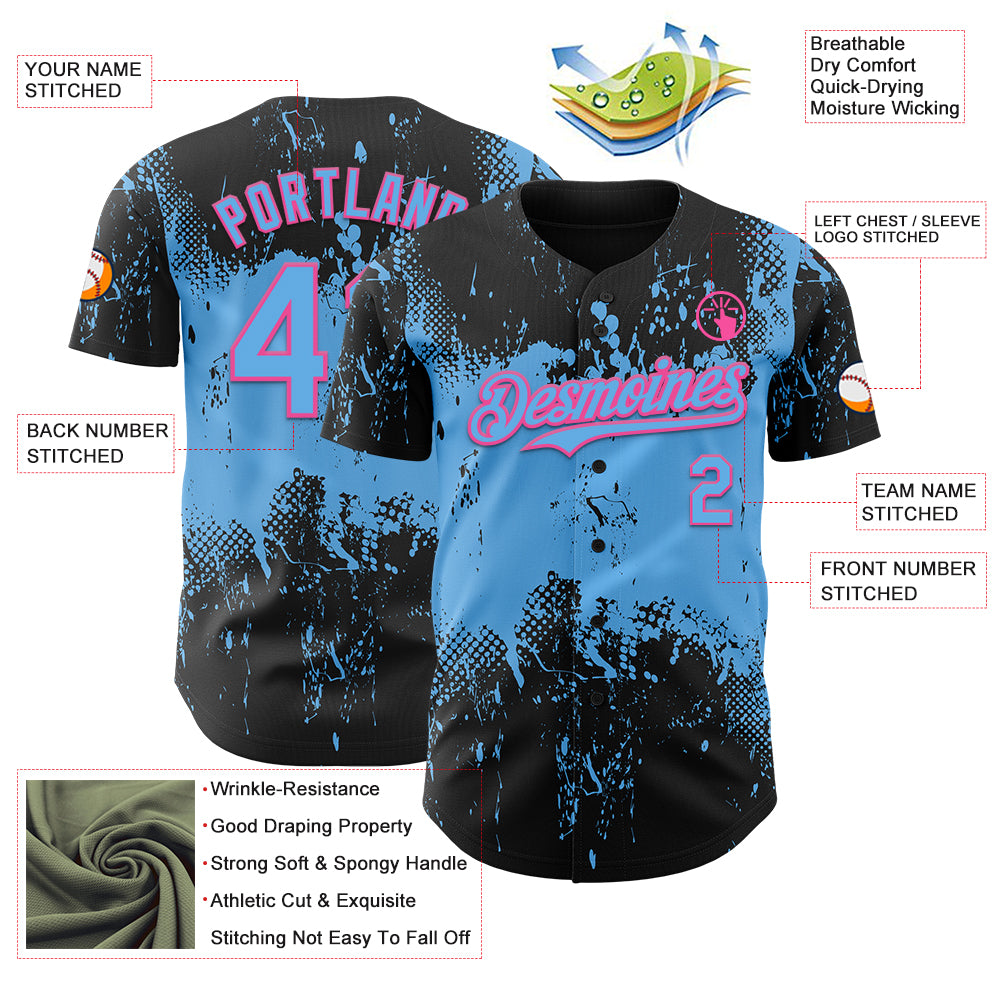 Custom Black Sky Blue-Pink Abstract Splatter Grunge Paint Authentic Baseball Jersey