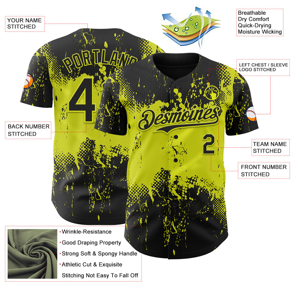 Custom Black Neon Yellow Abstract Splatter Grunge Paint Authentic Baseball Jersey