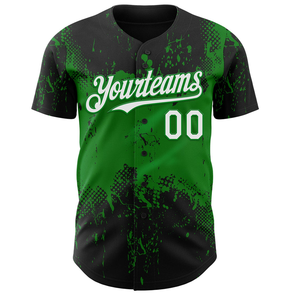 Custom Black White-Grass Green Abstract Splatter Grunge Paint Authentic Baseball Jersey
