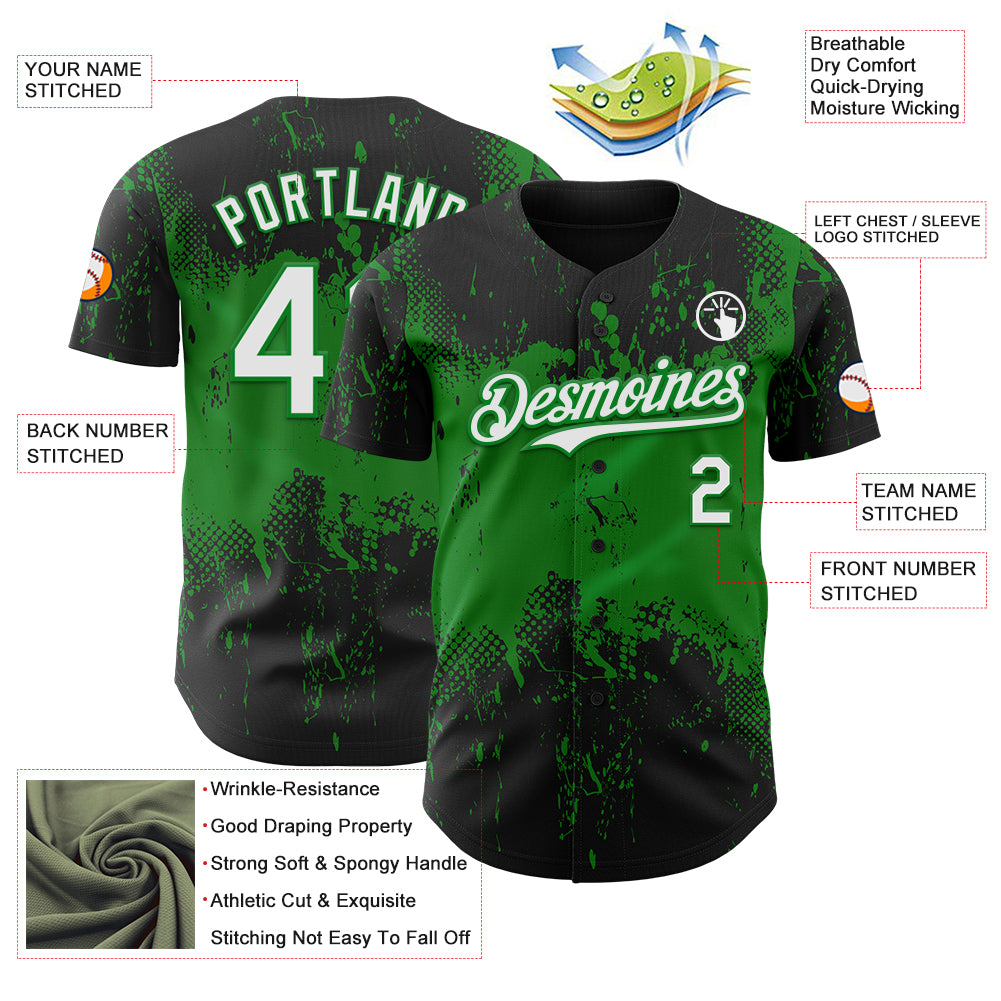 Custom Black White-Grass Green Abstract Splatter Grunge Paint Authentic Baseball Jersey