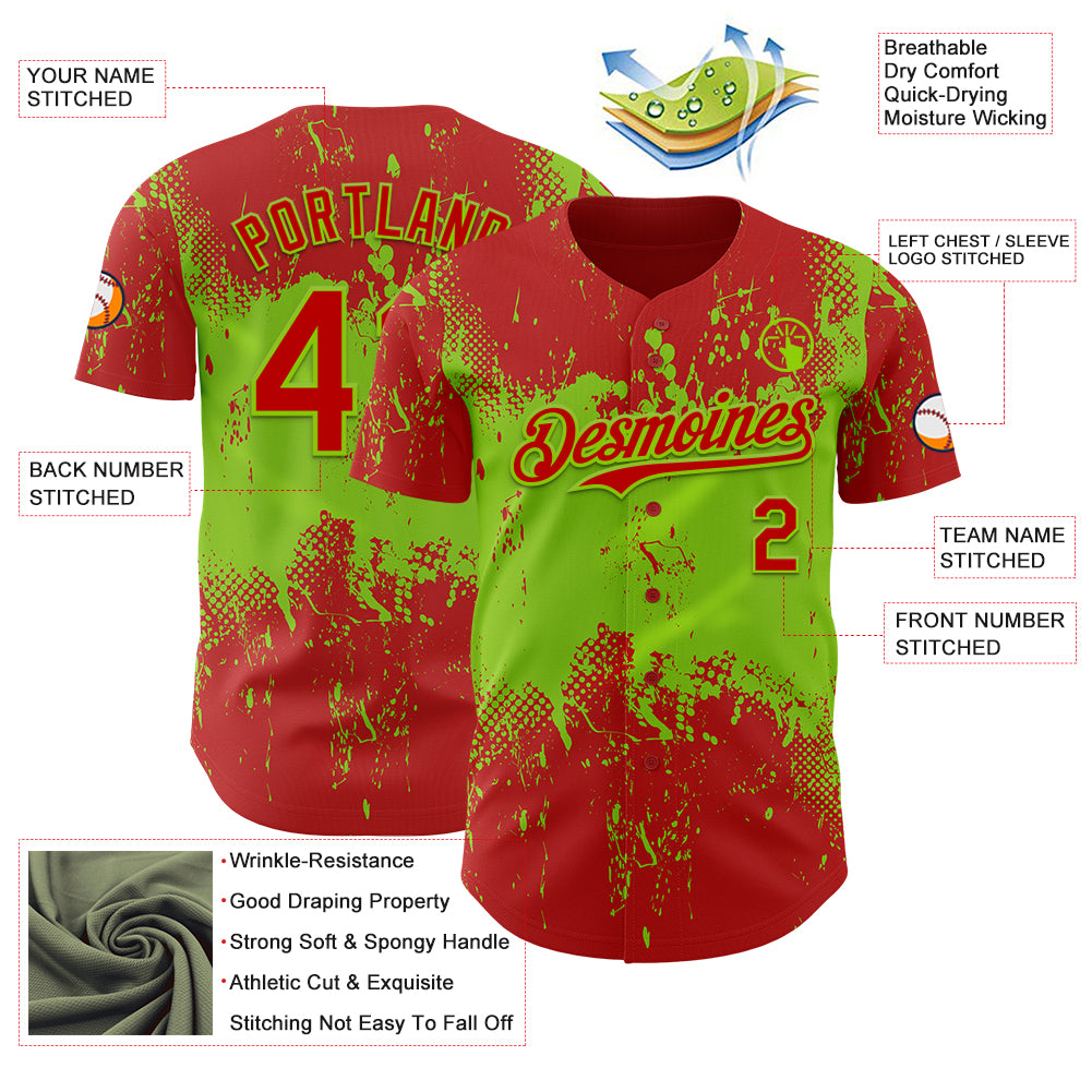 Custom Red Neon Green Abstract Splatter Grunge Paint Authentic Baseball Jersey
