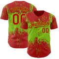 Custom Red Neon Green Abstract Splatter Grunge Paint Authentic Baseball Jersey