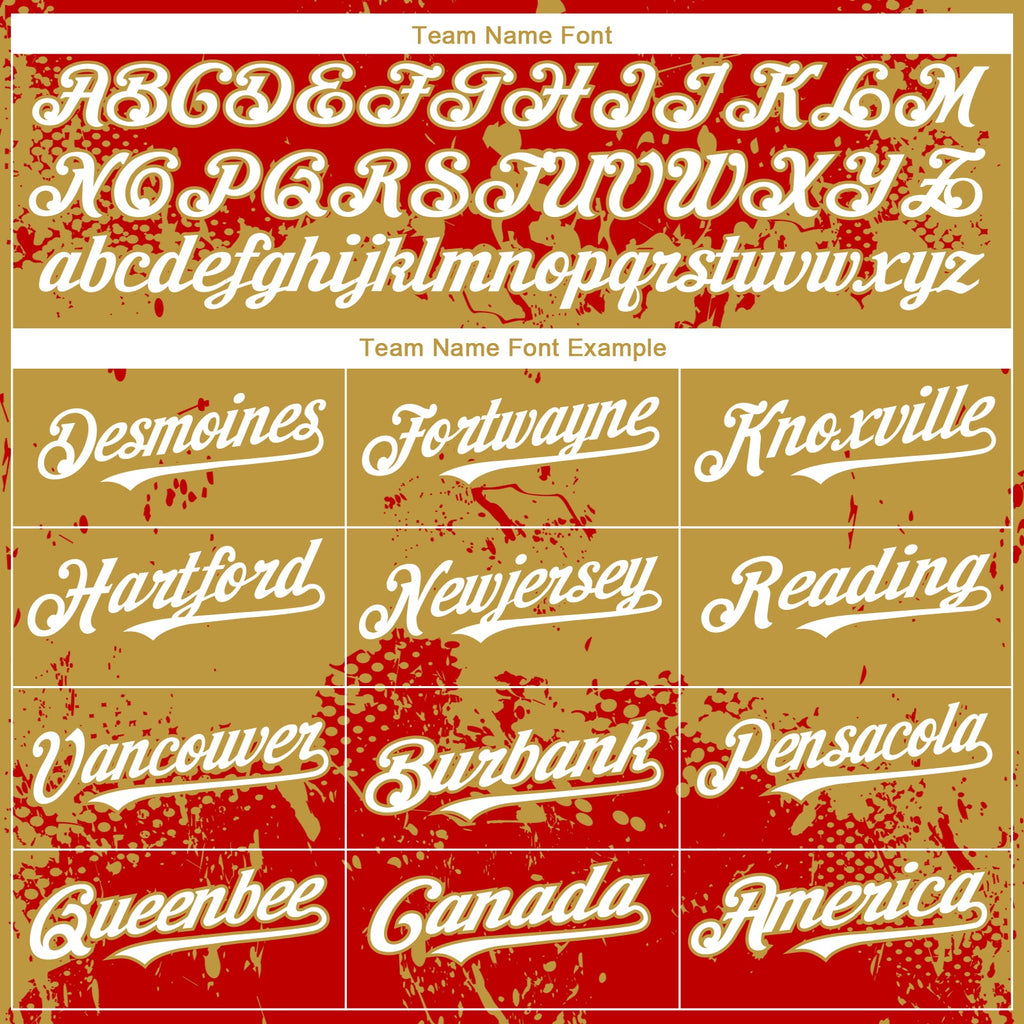Custom Red White-Old Gold Abstract Splatter Grunge Paint Authentic Baseball Jersey