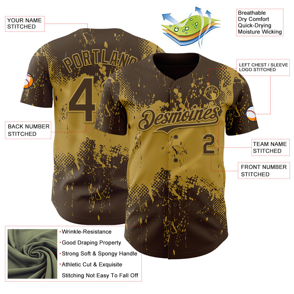 Custom Brown Old Gold Abstract Splatter Grunge Paint Authentic Baseball Jersey