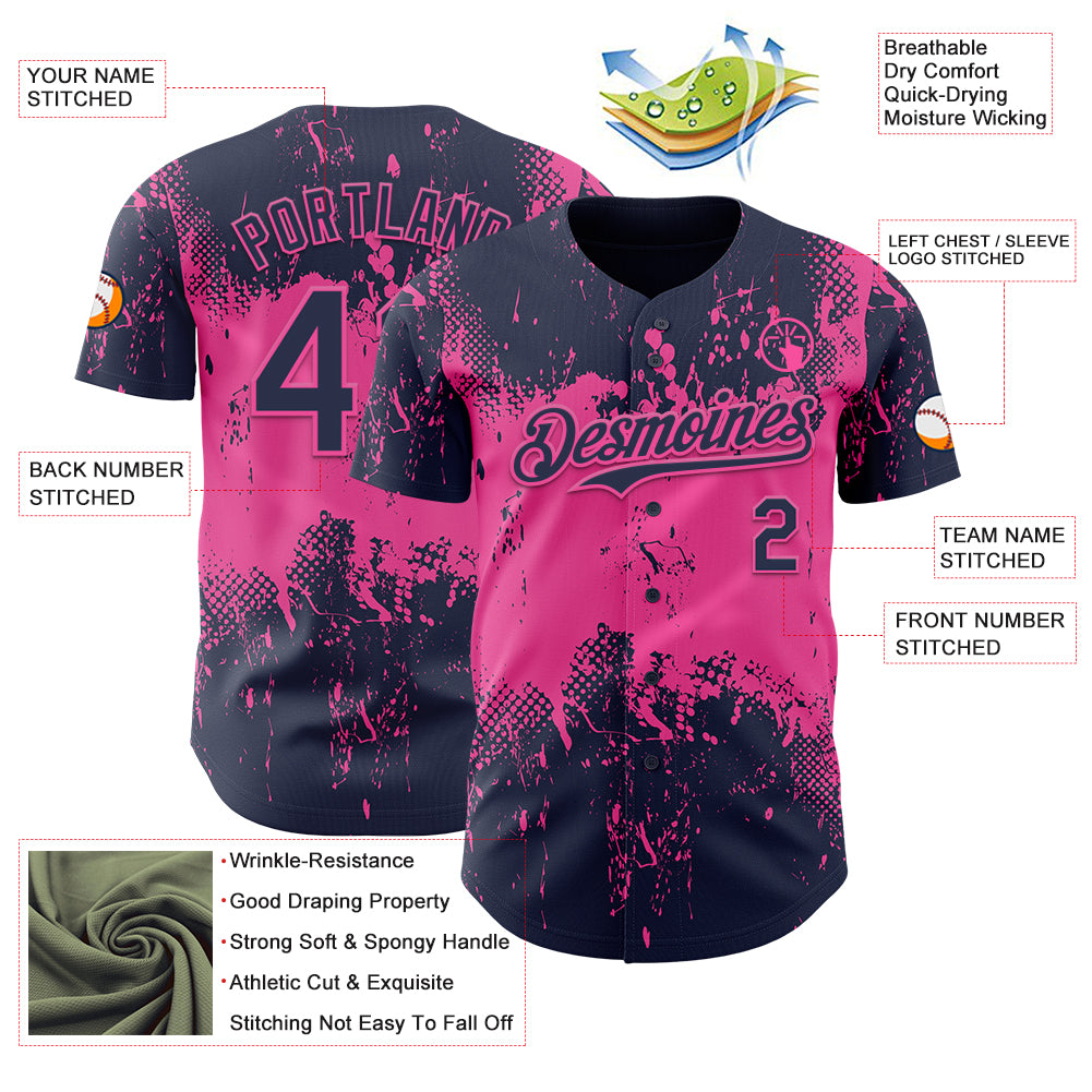 Custom Navy Pink Abstract Splatter Grunge Paint Authentic Baseball Jersey