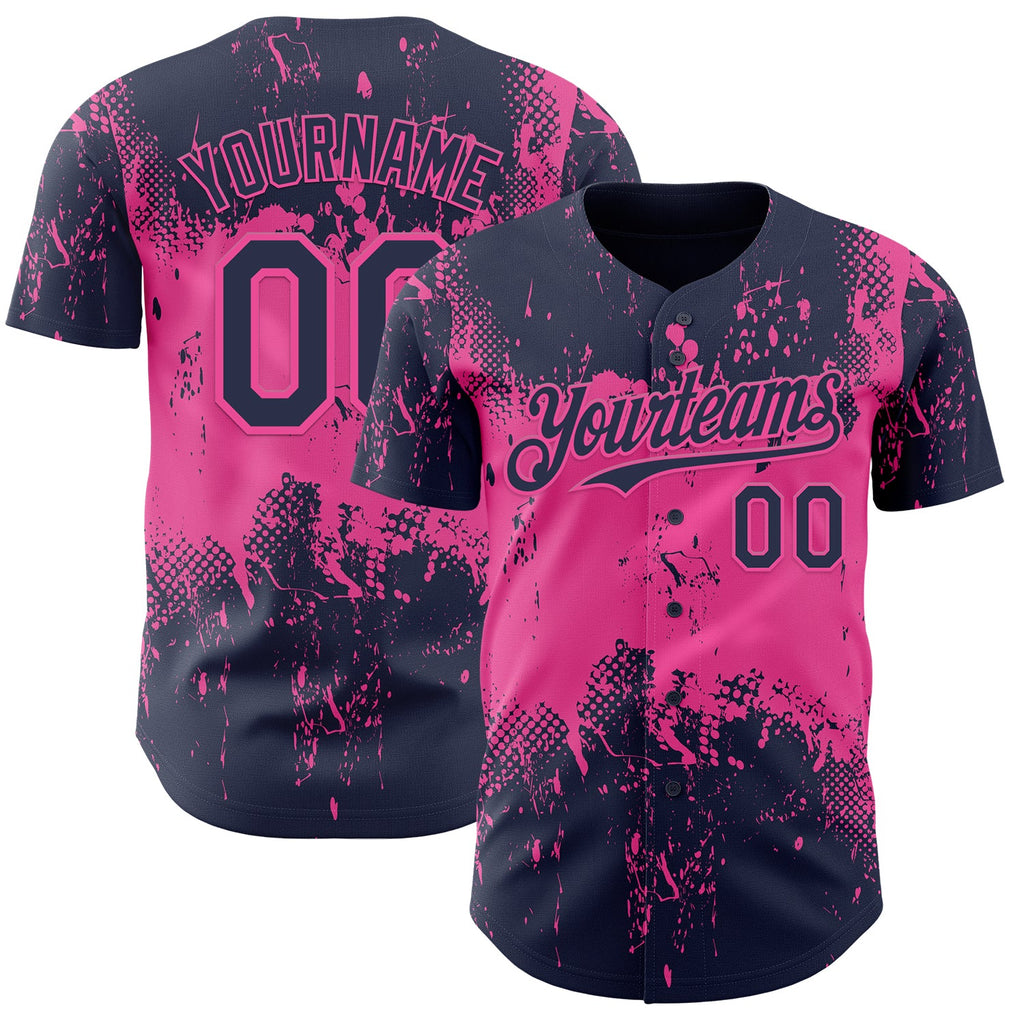 Custom Navy Pink Abstract Splatter Grunge Paint Authentic Baseball Jersey