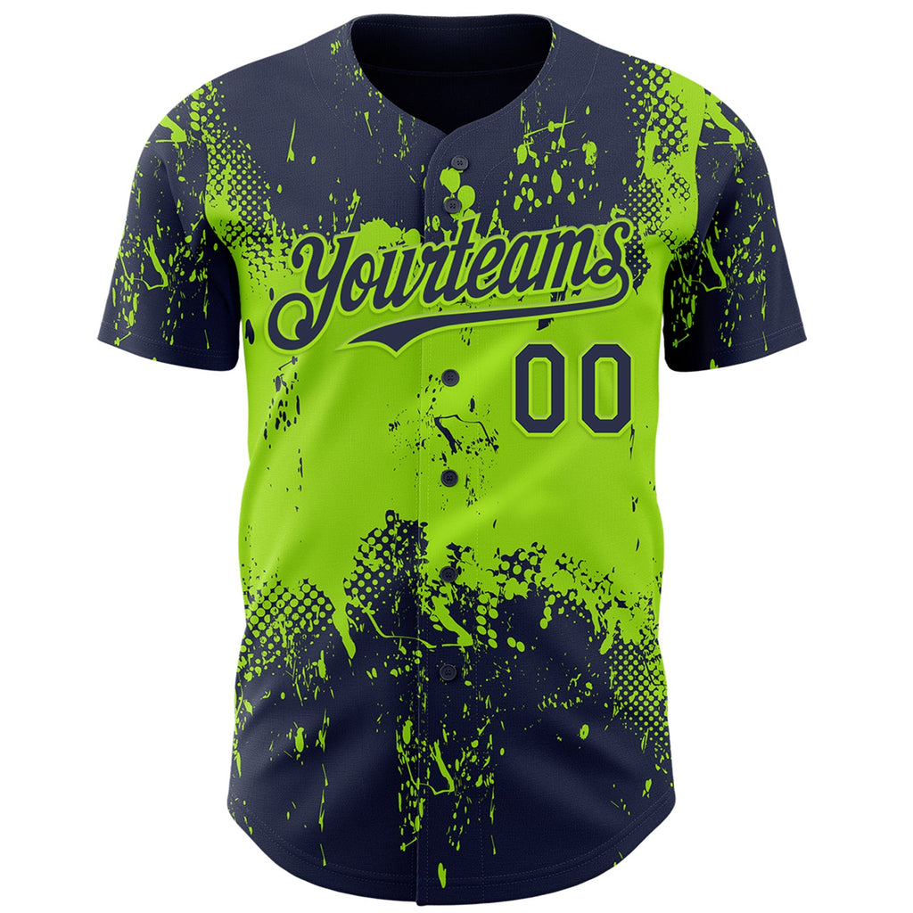 Custom Navy Neon Green Abstract Splatter Grunge Paint Authentic Baseball Jersey