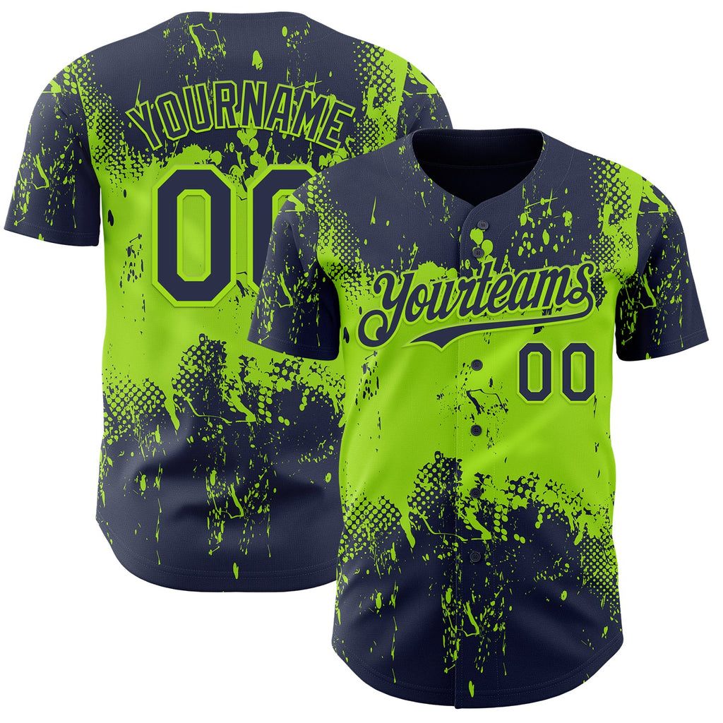 Custom Navy Neon Green Abstract Splatter Grunge Paint Authentic Baseball Jersey