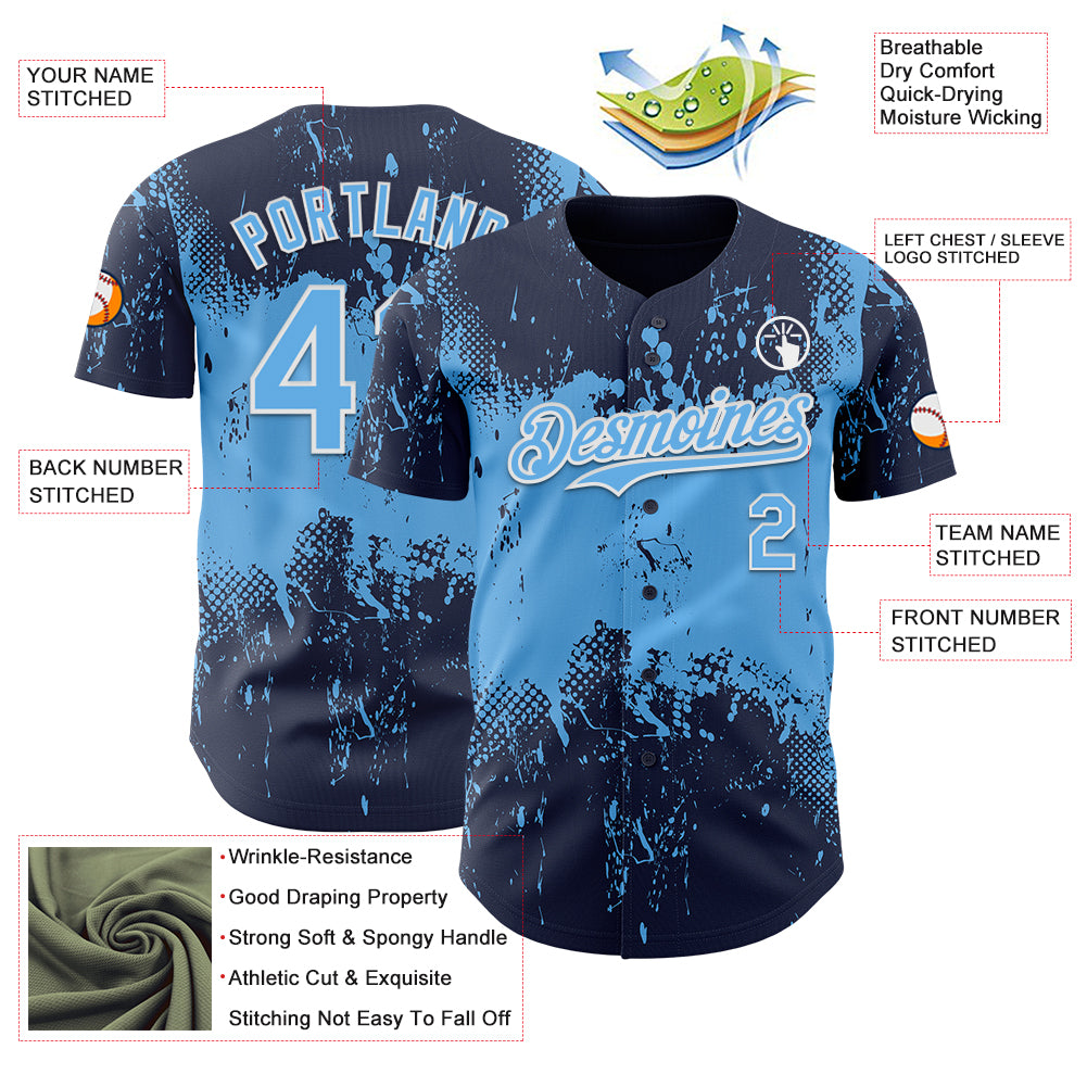 Custom Navy Sky Blue-White Abstract Splatter Grunge Paint Authentic Baseball Jersey