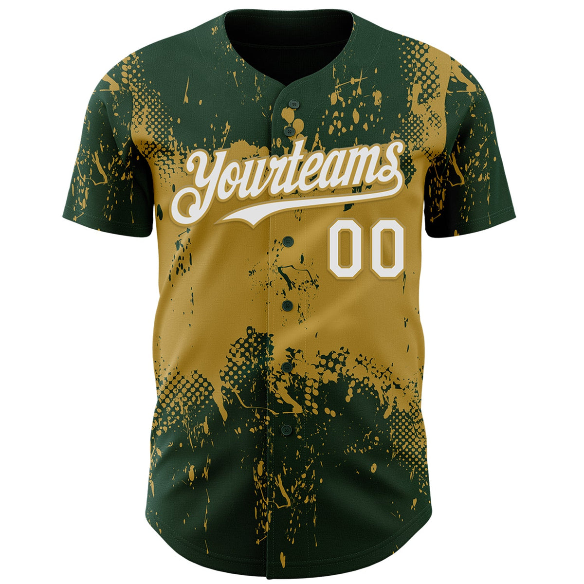 Custom Green White-Old Gold Abstract Splatter Grunge Paint Authentic Baseball Jersey