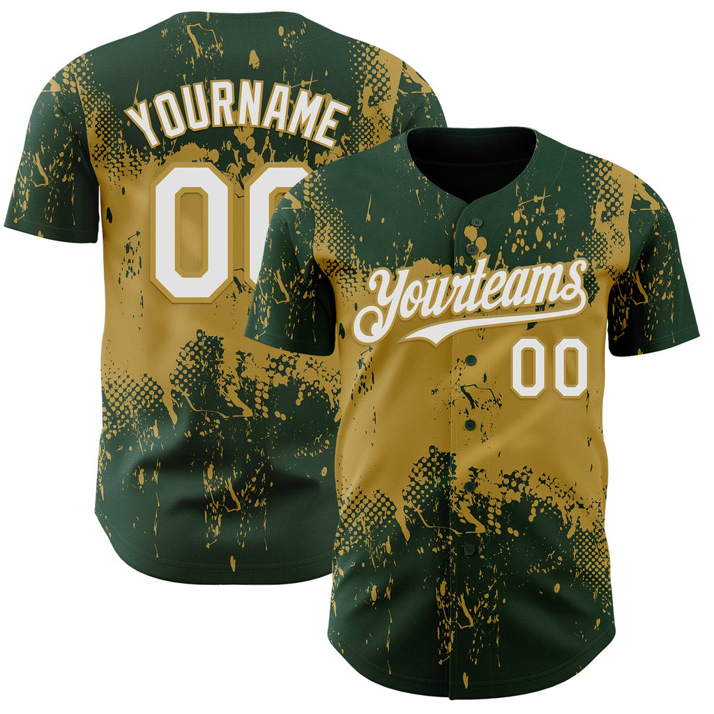 Custom Green White-Old Gold Abstract Splatter Grunge Paint Authentic Baseball Jersey