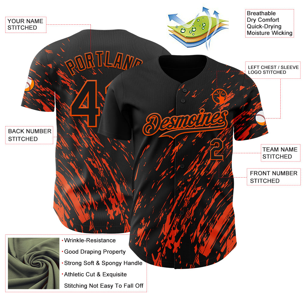 Custom Black Orange Paint Stroke Grunge Streak Authentic Baseball Jersey
