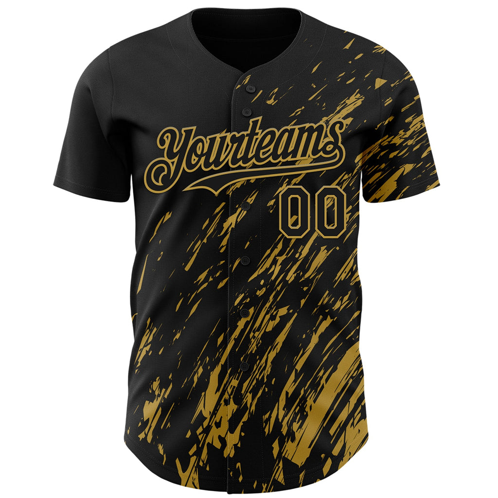 Custom Black Old Gold Paint Stroke Grunge Streak Authentic Baseball Jersey
