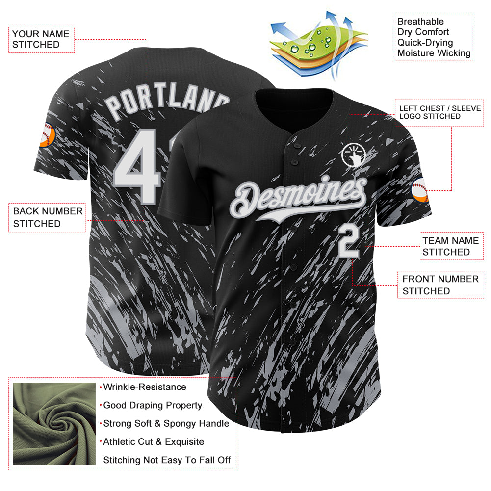Custom Black White-Gray Paint Stroke Grunge Streak Authentic Baseball Jersey