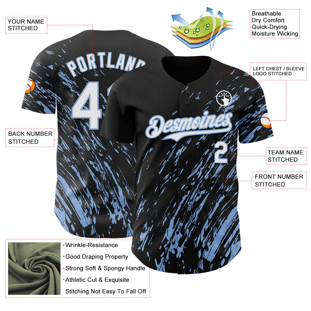 Custom Black White-Light Blue Paint Stroke Grunge Streak Authentic Baseball Jersey