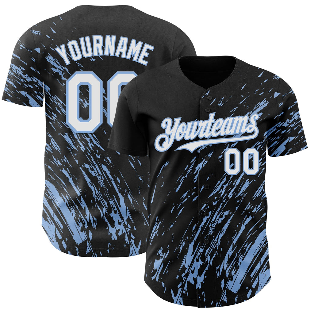 Custom Black White-Light Blue Paint Stroke Grunge Streak Authentic Baseball Jersey