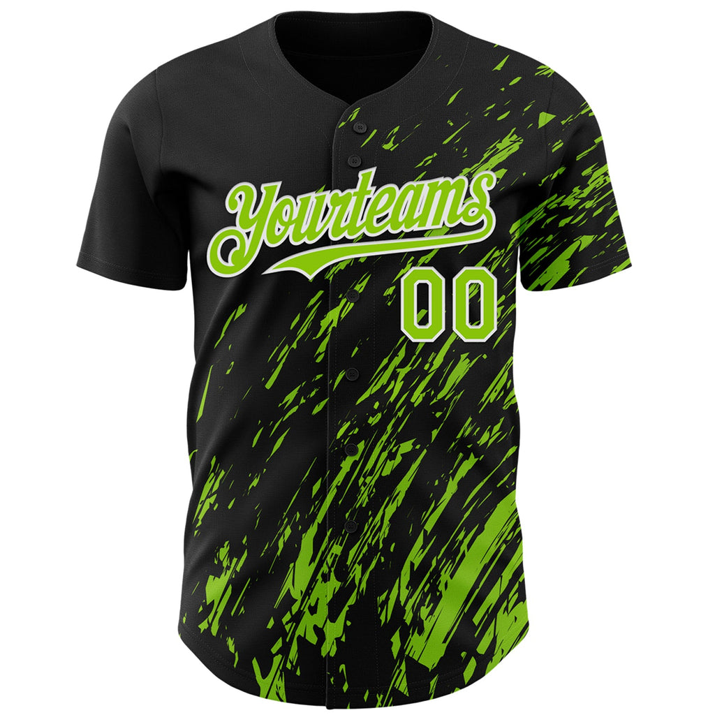 Custom Black Neon Green-White Paint Stroke Grunge Streak Authentic Baseball Jersey