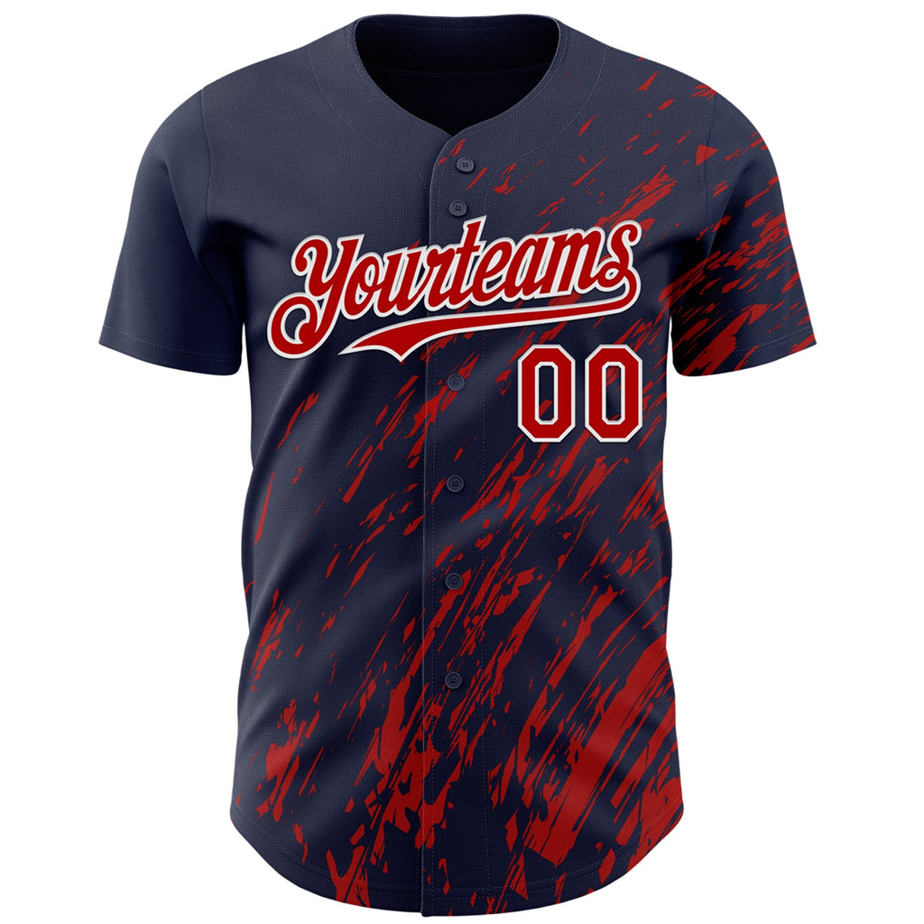 Custom Navy Red-White Paint Stroke Grunge Streak Authentic Baseball Jersey