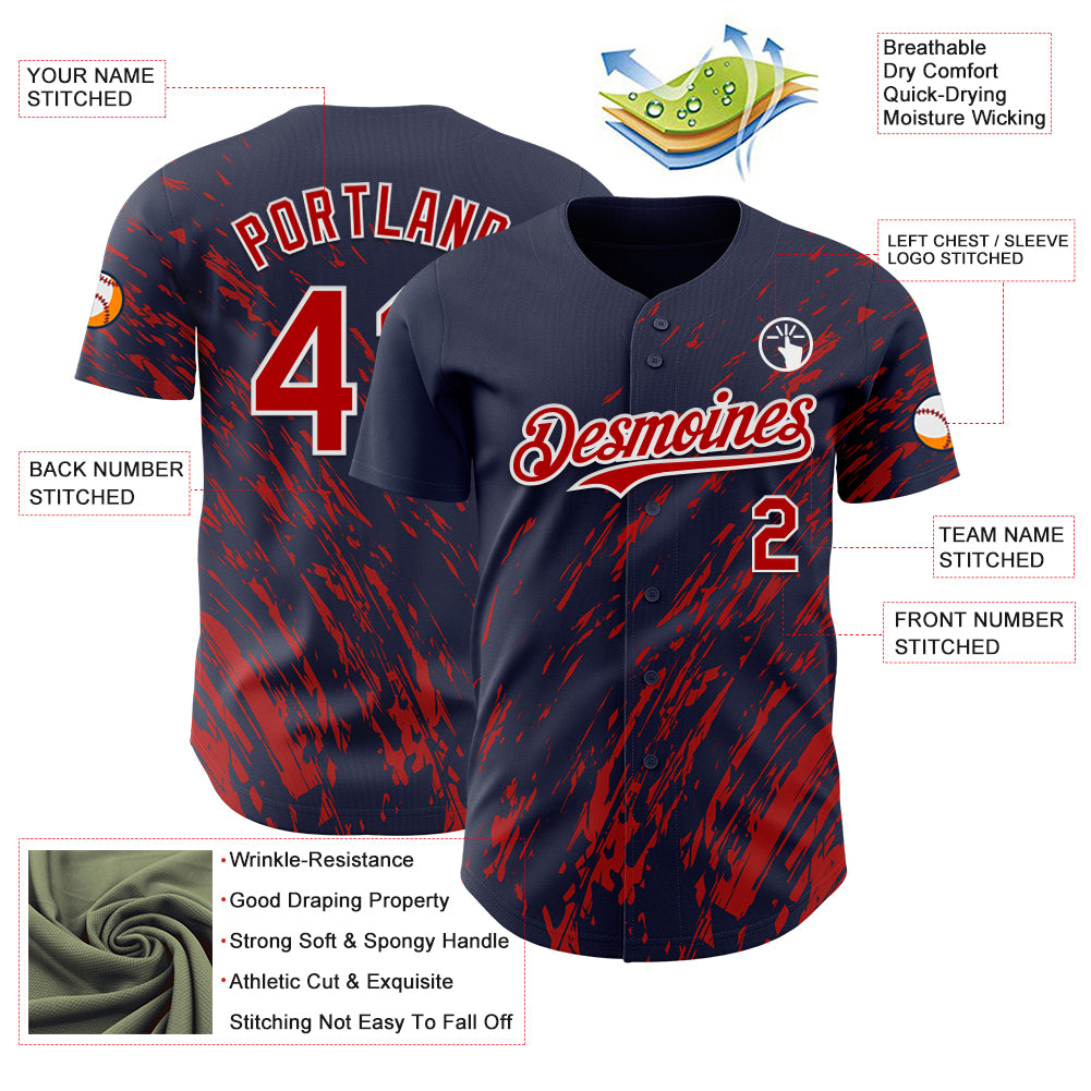 Custom Navy Red-White Paint Stroke Grunge Streak Authentic Baseball Jersey