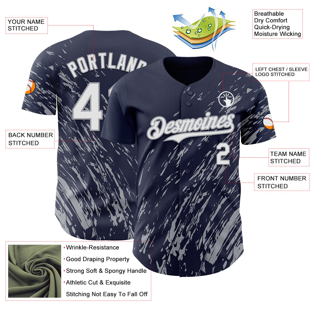 Custom Navy White-Gray Paint Stroke Grunge Streak Authentic Baseball Jersey