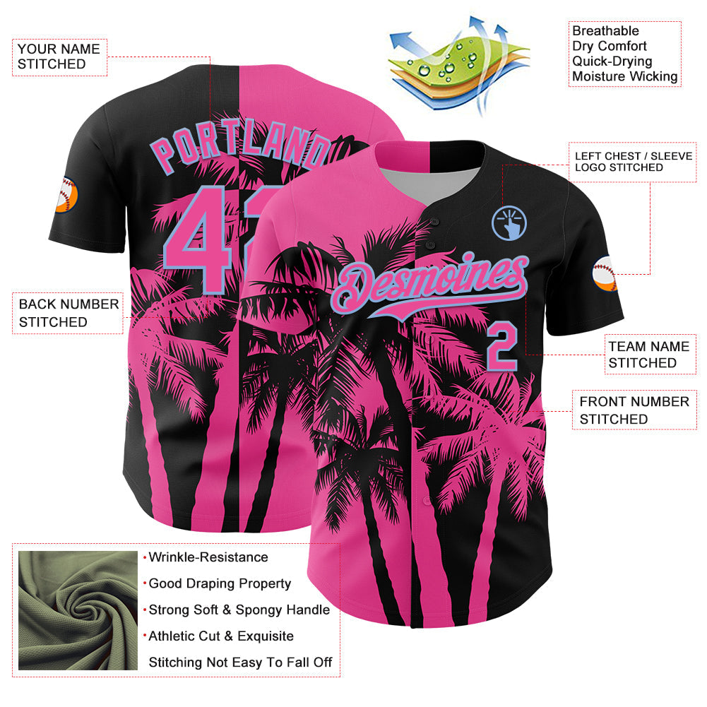 Custom Black Pink-Light Blue Hawaii Palm Trees Tropical Coconut Authentic Baseball Jersey