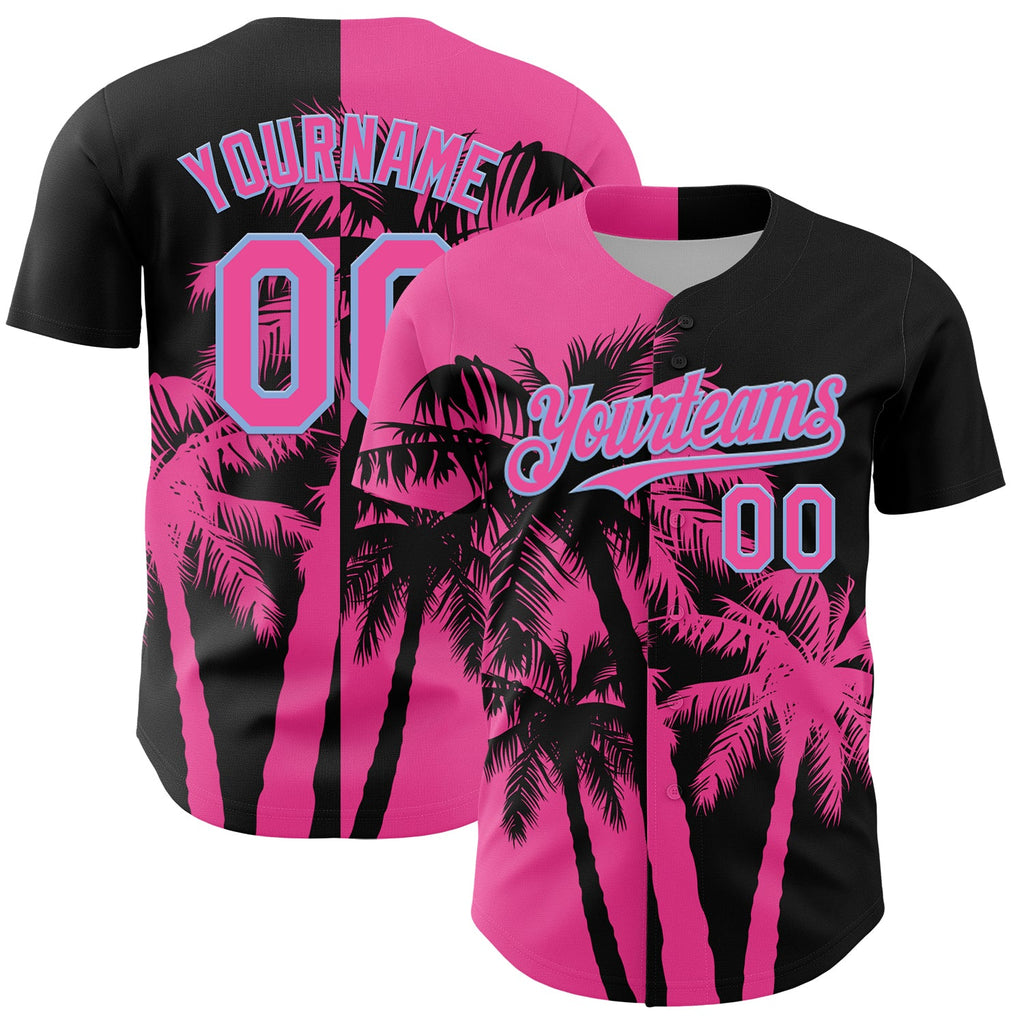 Custom Black Pink-Light Blue Hawaii Palm Trees Tropical Coconut Authentic Baseball Jersey