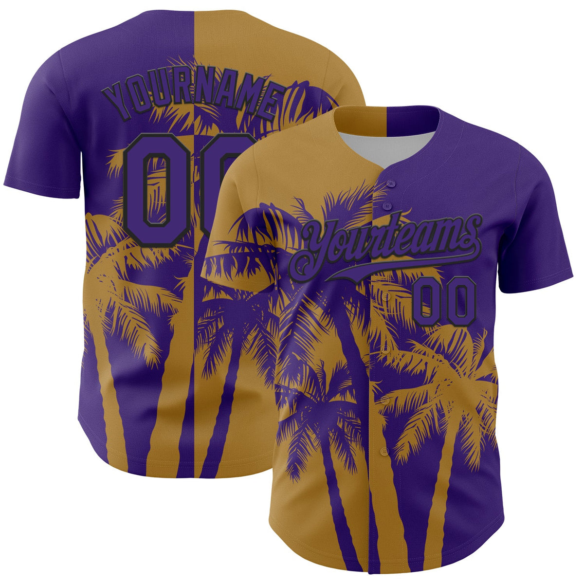 Custom Purple Old Gold-Black Hawaii Palm Trees Tropical Coconut Authentic Baseball Jersey