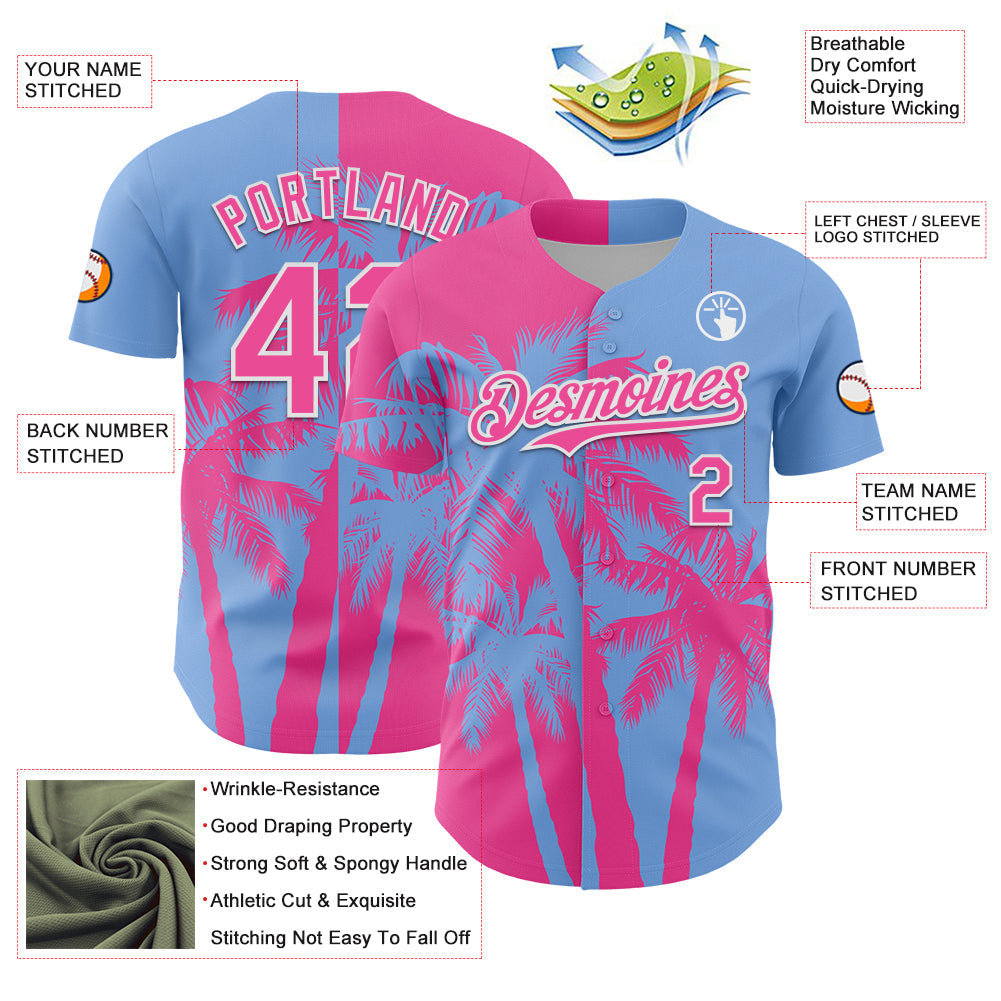 Custom Light Blue Pink-White Hawaii Palm Trees Tropical Coconut Authentic Baseball Jersey