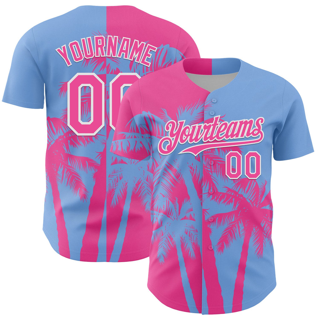 Custom Light Blue Pink-White Hawaii Palm Trees Tropical Coconut Authentic Baseball Jersey