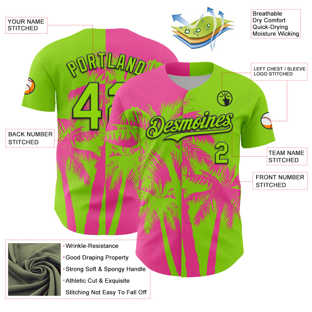 Custom Neon Green Pink-Black Hawaii Palm Trees Tropical Coconut Authentic Baseball Jersey