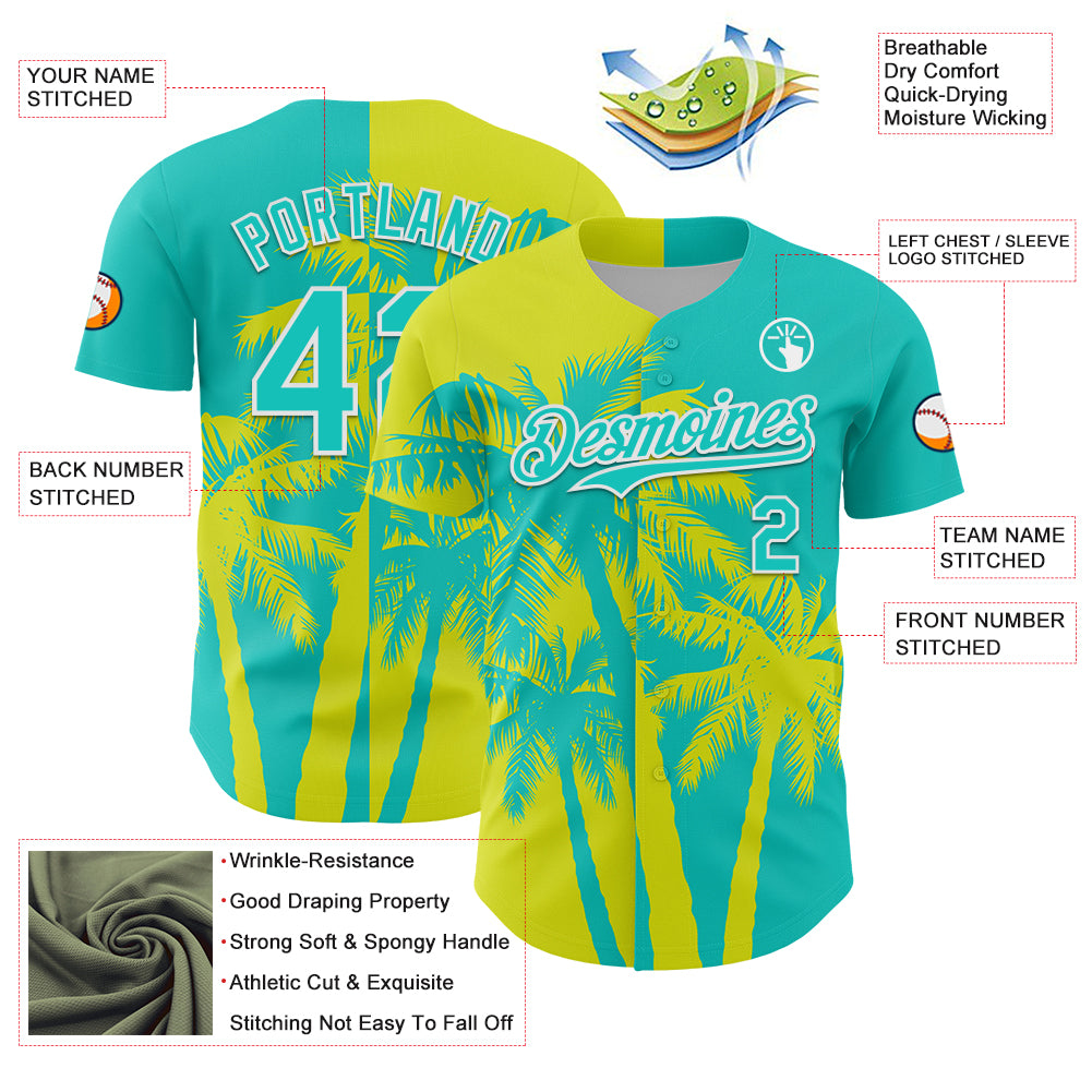 Custom Aqua Neon Yellow-White Hawaii Palm Trees Tropical Coconut Authentic Baseball Jersey