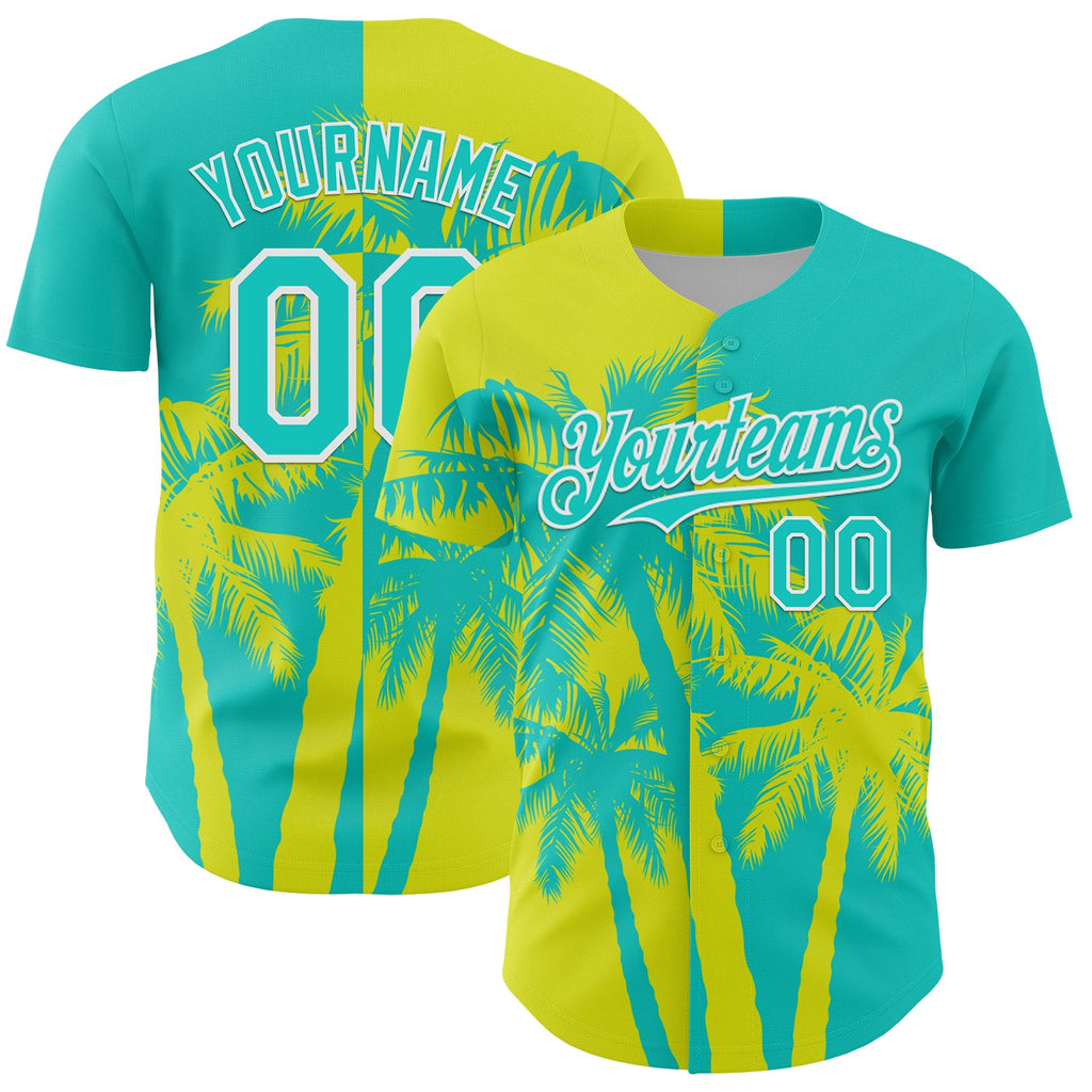 Custom Aqua Neon Yellow-White Hawaii Palm Trees Tropical Coconut Authentic Baseball Jersey