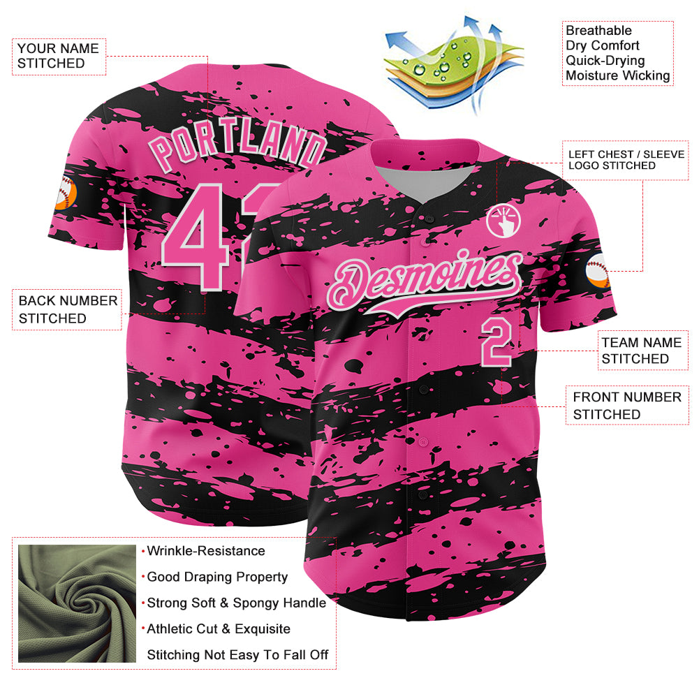 Custom Pink Black-White Paint Splash Stripe Authentic Baseball Jersey