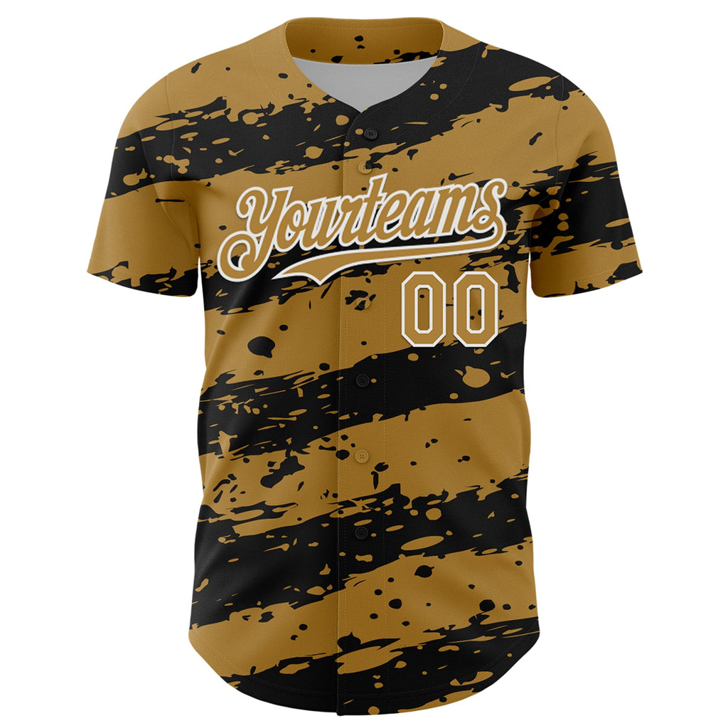 Custom Old Gold Black-White Paint Splash Stripe Authentic Baseball Jersey