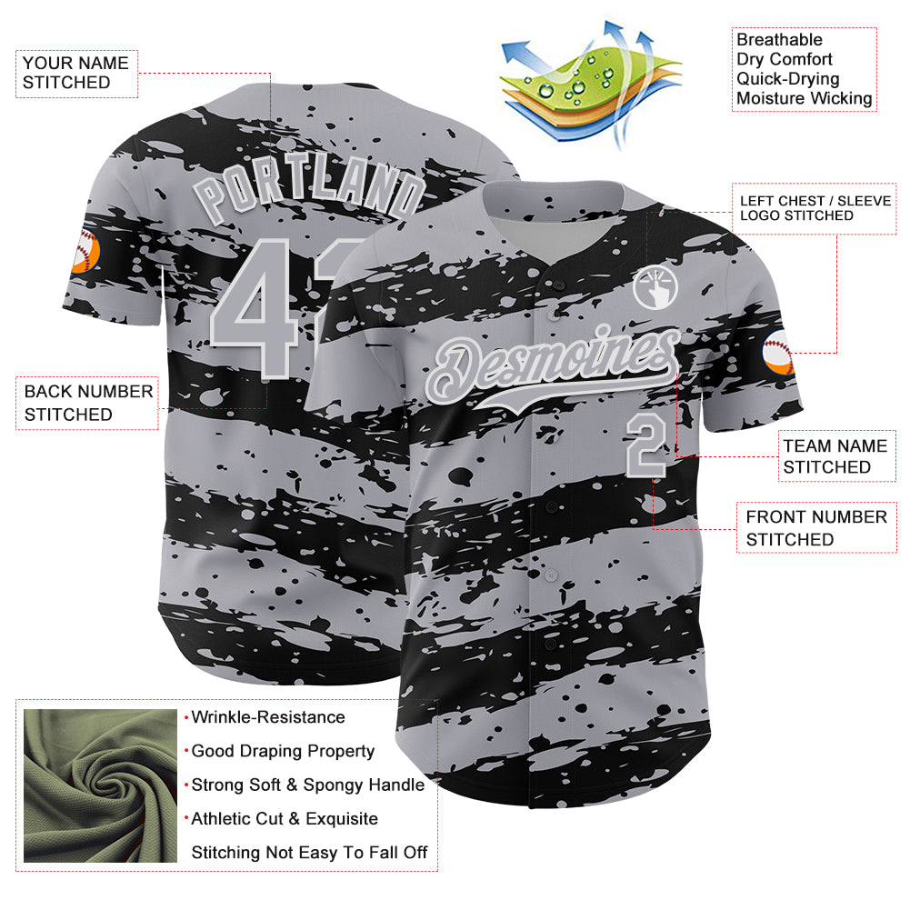 Custom Gray Black-White Paint Splash Stripe Authentic Baseball Jersey