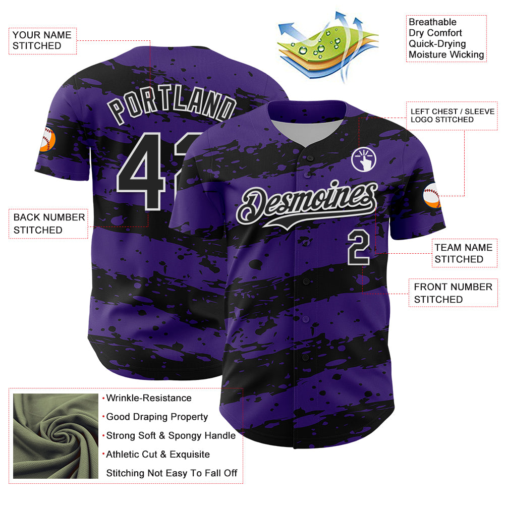 Custom Purple Black-White Paint Splash Stripe Authentic Baseball Jersey