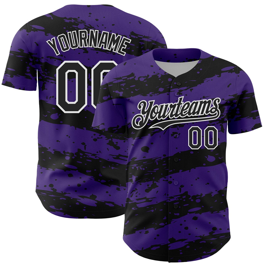 Custom Purple Black-White Paint Splash Stripe Authentic Baseball Jersey