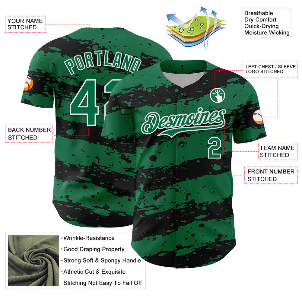 Custom Kelly Green Black-White Paint Splash Stripe Authentic Baseball Jersey
