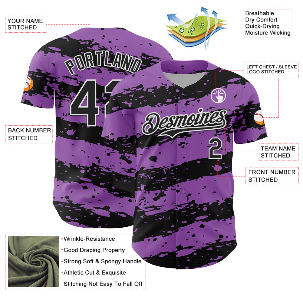Custom Medium Purple Black-White Paint Splash Stripe Authentic Baseball Jersey