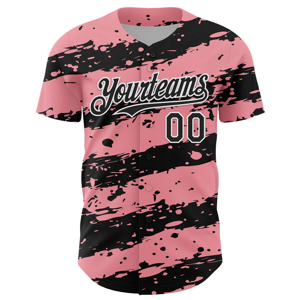 Custom Medium Pink Black-White Paint Splash Stripe Authentic Baseball Jersey