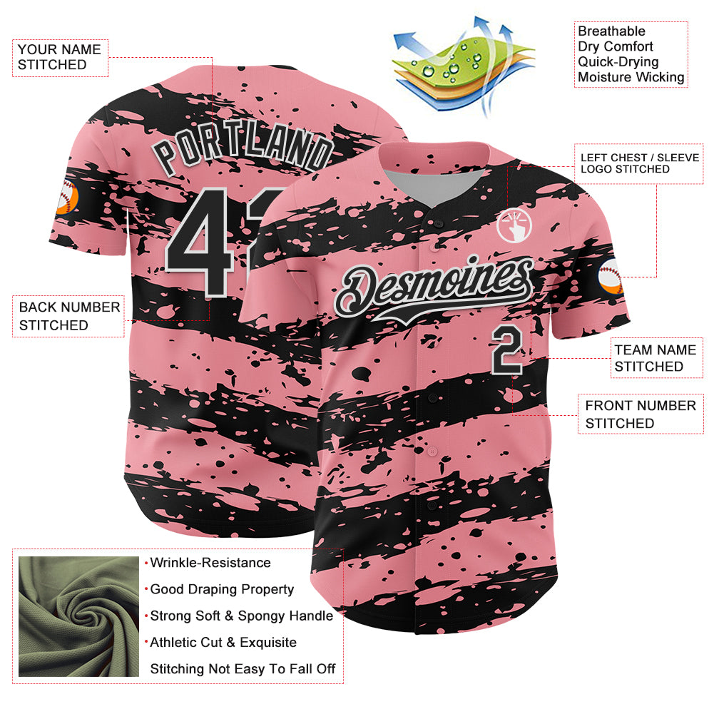 Custom Medium Pink Black-White Paint Splash Stripe Authentic Baseball Jersey