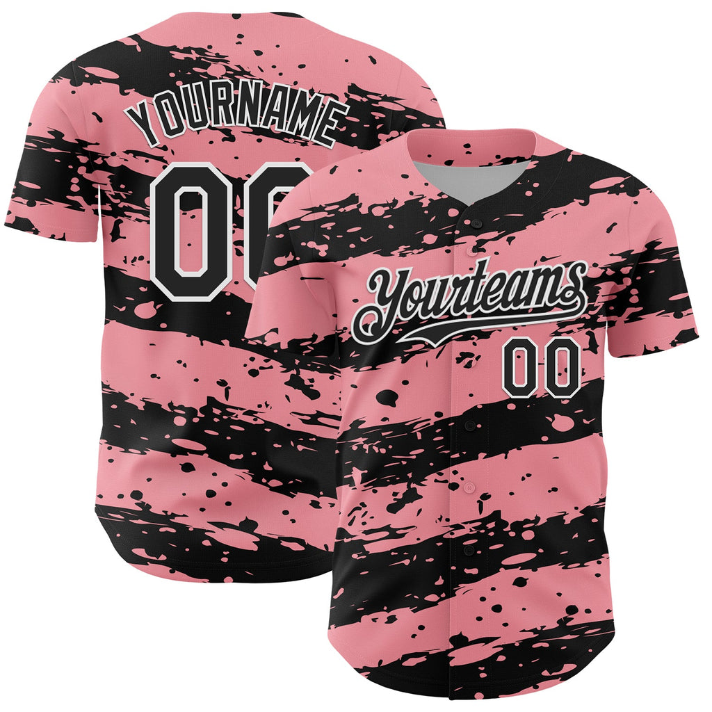 Custom Medium Pink Black-White Paint Splash Stripe Authentic Baseball Jersey
