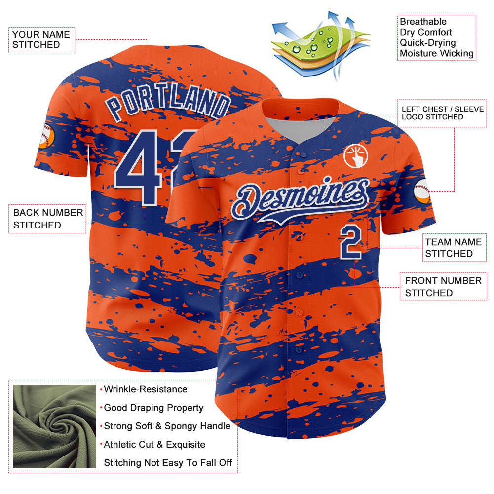 Custom Orange Royal-White Paint Splash Stripe Authentic Baseball Jersey