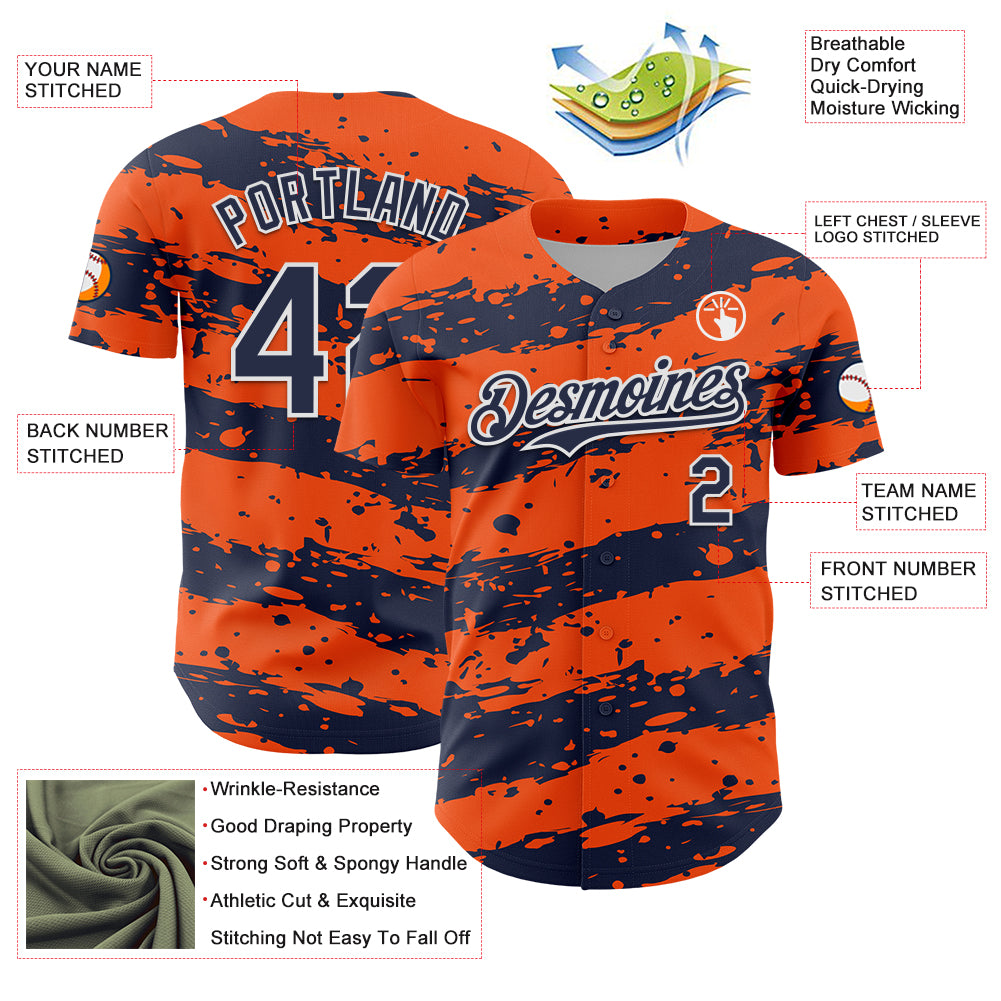Custom Orange Navy-White Paint Splash Stripe Authentic Baseball Jersey