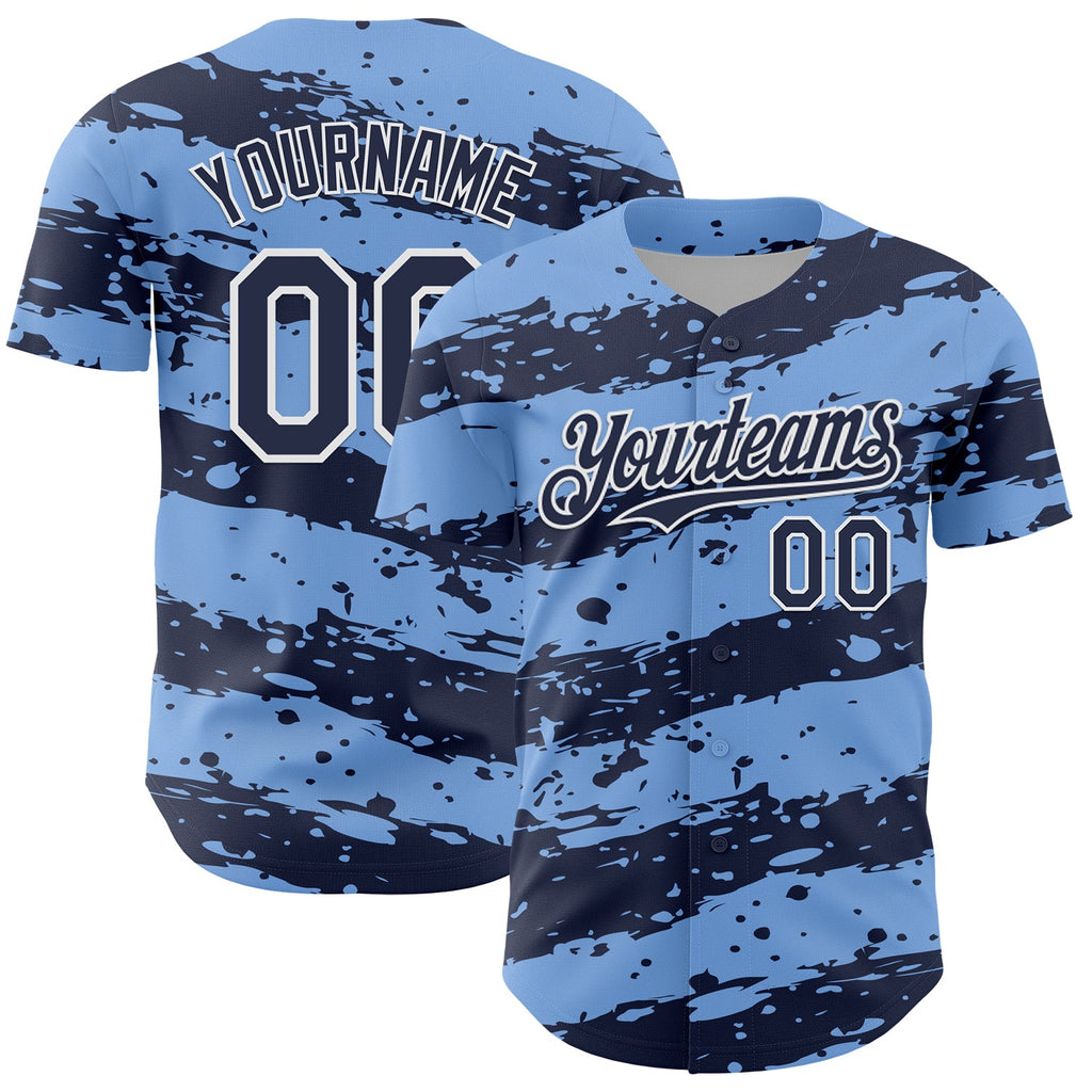 Custom Light Blue Navy-White Paint Splash Stripe Authentic Baseball Jersey